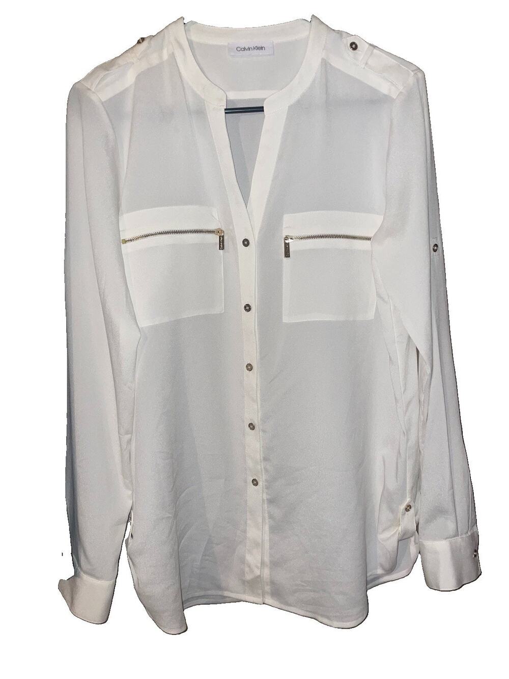 Calvin Klein Off White Sheer Top Blouse Gold Accents Size M Roll Tab Sleeves